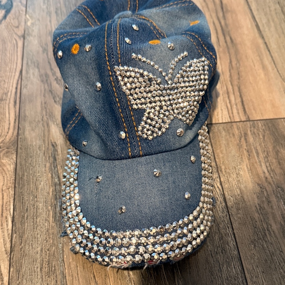 Embellished Denim Cap with Rhinestones